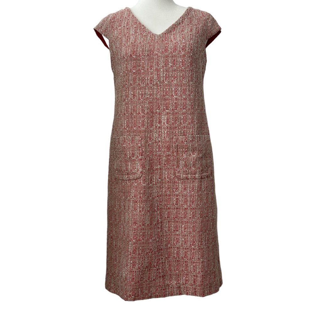 Talbots Petites Pink White Tweed V-Neck Cap Sleeve Sheath Midi Dress (2P)